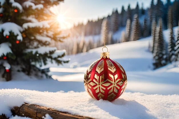 Foto bela decoração de bola de natal brilhante em fundo nevado