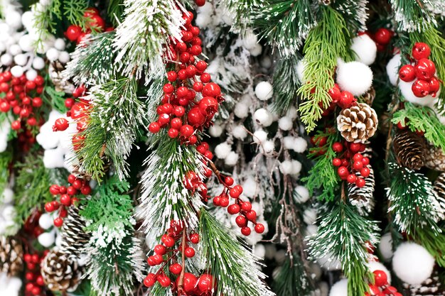 Bela decoração de Natal Pinheiro e bagas vermelhas cobertas de neve