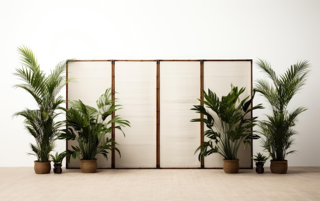 Bela divisória de sala de cor branca com plantas isoladas em fundo branco