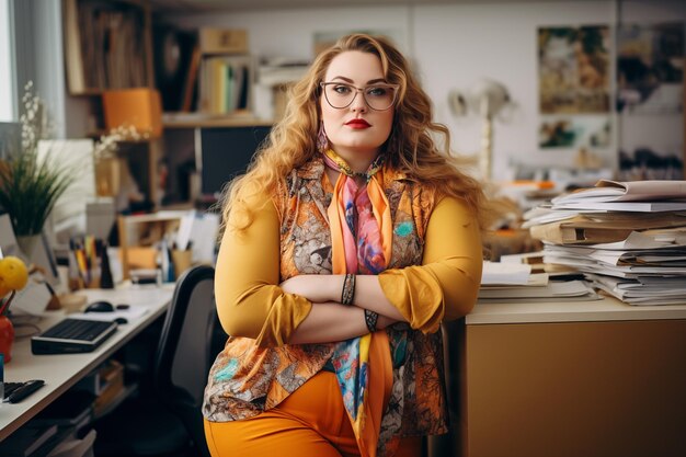 Foto bela e bem sucedida mulher de negócios com excesso de peso em uma roupa colorida no escritório