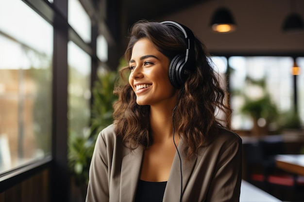 Bela e feliz apresentadora de rádio jovem transmitindo em estúdio usando computador e fones de ouvido