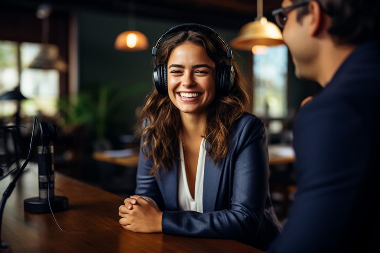 Foto bela e feliz apresentadora de rádio jovem transmitindo em estúdio usando computador e fones de ouvido