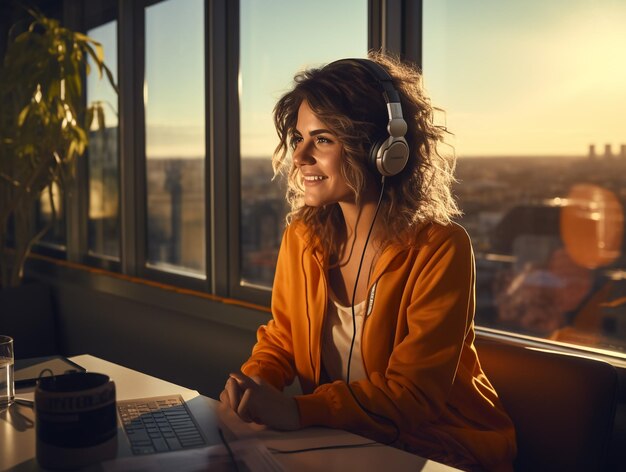 Bela e feliz apresentadora de rádio jovem transmitindo em estúdio usando computador e fones de ouvido