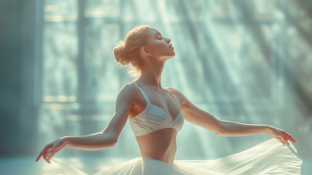 Bela e graciosa bailarina com um tutu branco a dançar no estúdio.