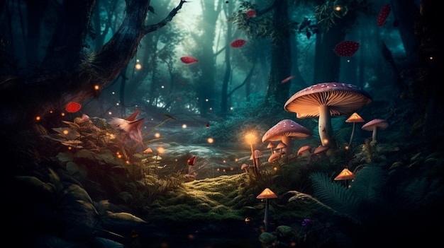 Bela e misteriosa floresta encantada com cogumelos, vaga-lumes, borboletas e outras criaturas e plantas. Copiar espaço no meio da natureza ao ar livre, IA generativa