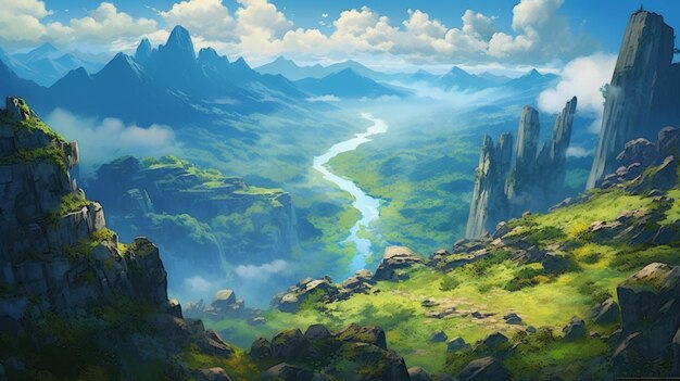 Bela e vasta paisagem de montanha studio ghibli disney imagem de fotografia openart arte gerada por IA