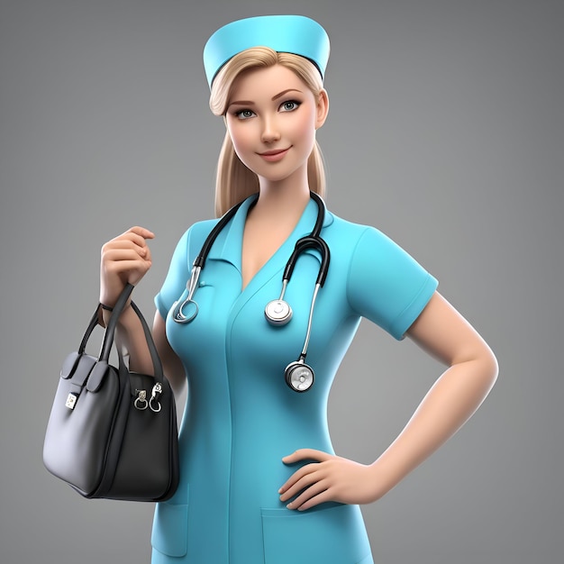 Bela enfermeira jovem com estetoscópio e saco em fundo cinzento