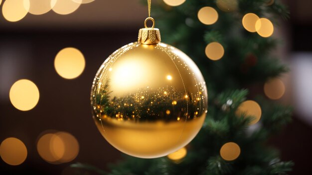 Foto bela esfera de natal dourada e brilhante com fundo de natal borrado de luzes bokeh