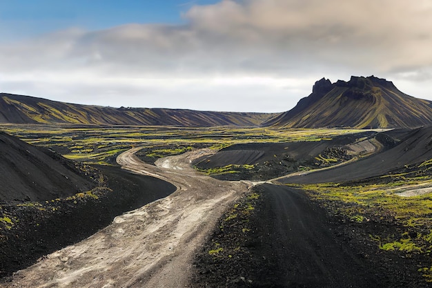 Bela estrada de poeira de cascalho Landmannalaugar nas terras altas da Islândia, Europa. renderização 3D.