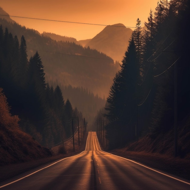 Bela estrada nas montanhas ao pôr do sol Imagem estilizada vintage