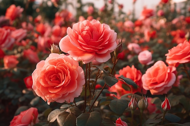 Bela exibição de um jardim de rosas