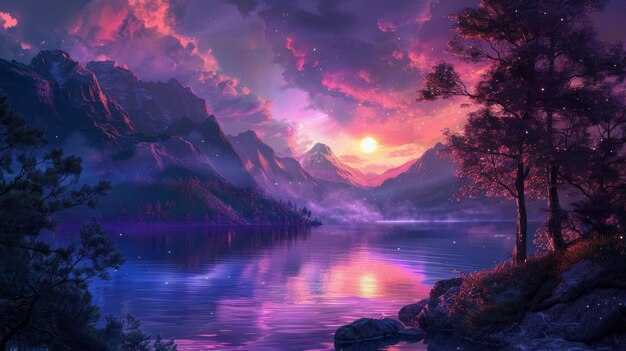 Bela fantasia paisagem noturna colorida como fundo de papel de parede