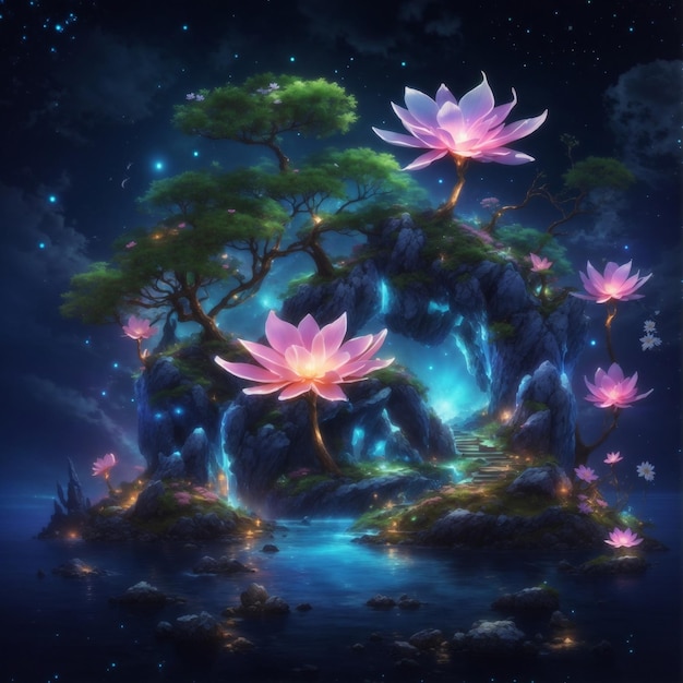 Bela flor com a flora luminescente das ilhas celestiais mística