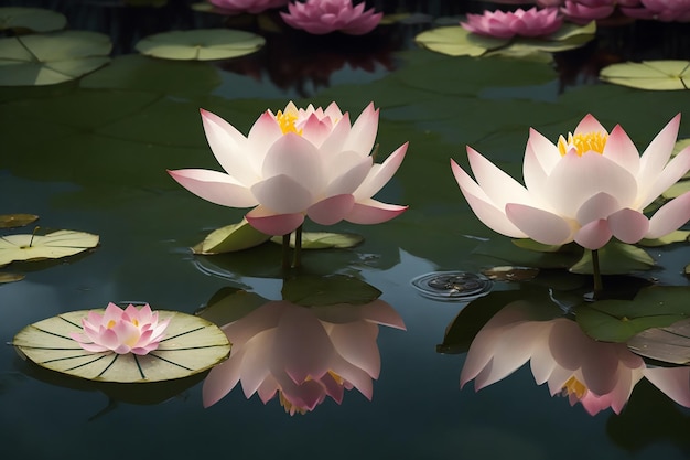 Bela flor de lótus na lagoa com reflexo na água