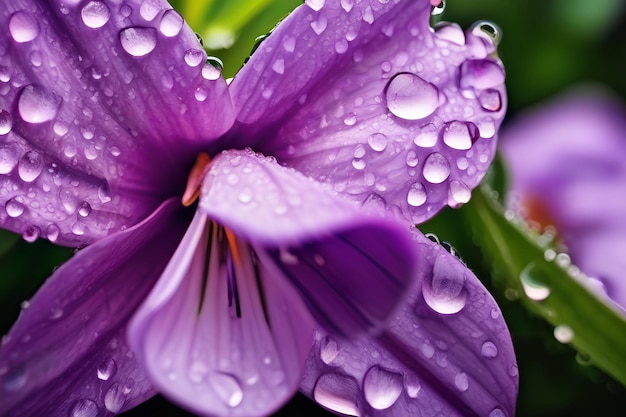 Bela flor de sino lilás brilhante em gotas de orvalho matinal Closeup gotas de água em pétalas de sino