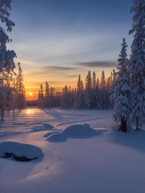 Foto bela floresta coberta de neve no pôr-do-sol