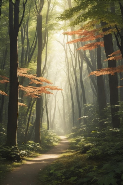 bela floresta com árvores altas e luz solar salpicada fluindo através das folhas