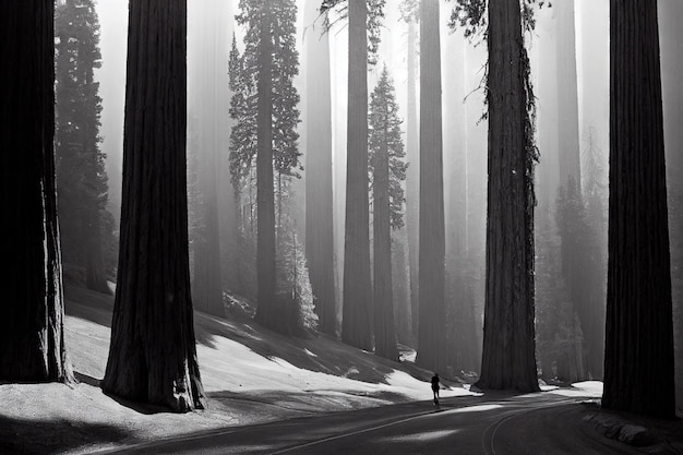 Bela floresta de sequóias de inverno tranquila e deserta