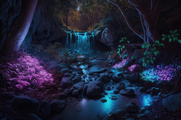 Bela floresta encantada iluminada à noite por bioluminescência árvores rios plantas pintura digital