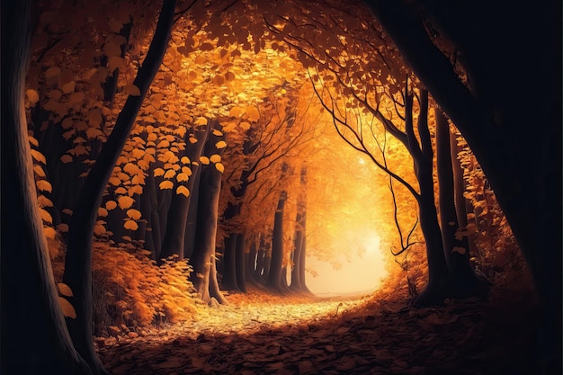 Bela floresta mágica de outono com grandes árvores amarelas e raios de sol em folhas e galhos de laranja