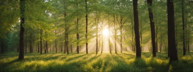 Bela floresta na primavera com sol brilhando através das árvores