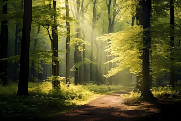 Bela floresta na primavera com sol forte brilhando por entre as árvores