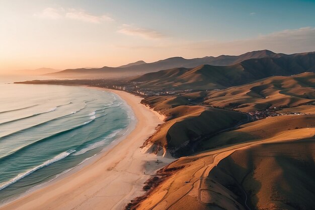 Bela foto aérea de uma praia com colinas ao fundo ao pôr do sol