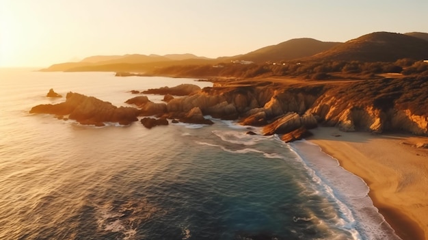 bela foto aérea de uma praia com colinas