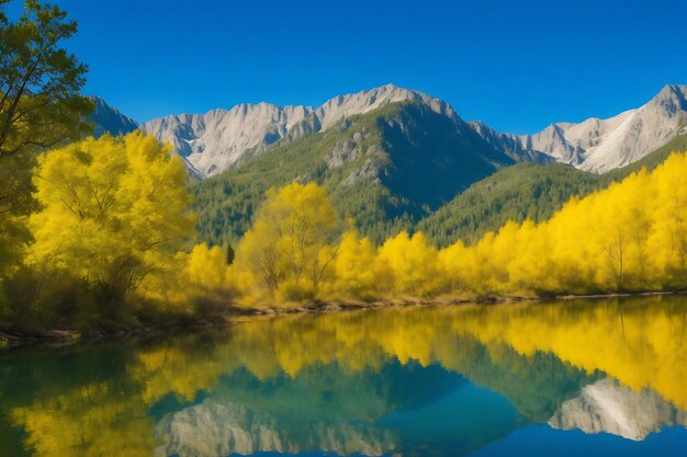 Bela foto da água refletindo as árvores amarelas e verdes perto das montanhas com um céu azul