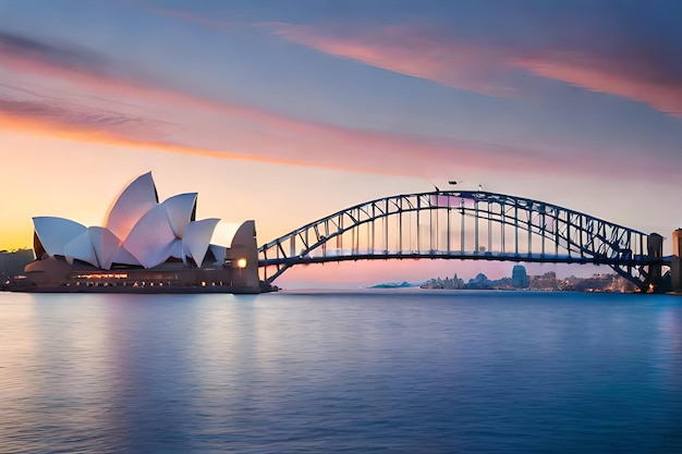 Foto bela foto da ponte do porto de sydney com um céu rosa claro e azul