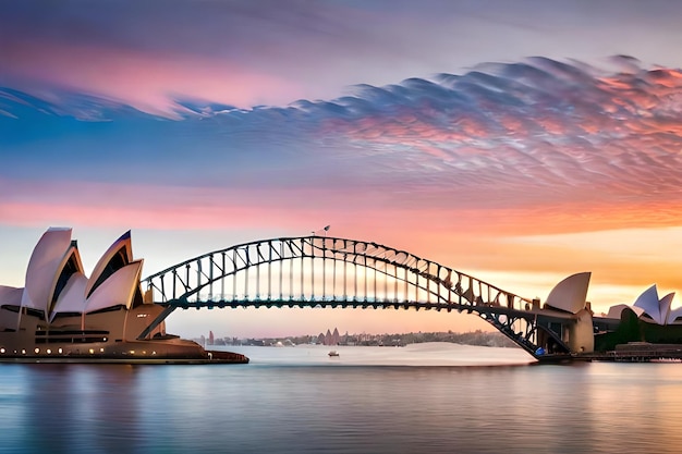 Foto bela foto da ponte do porto de sydney com um céu rosa claro e azul