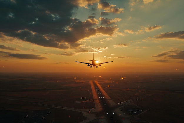 Foto bela foto de avião ao pôr-do-sol simbolizando a liberdade de movimento conceito de transporte aéreo