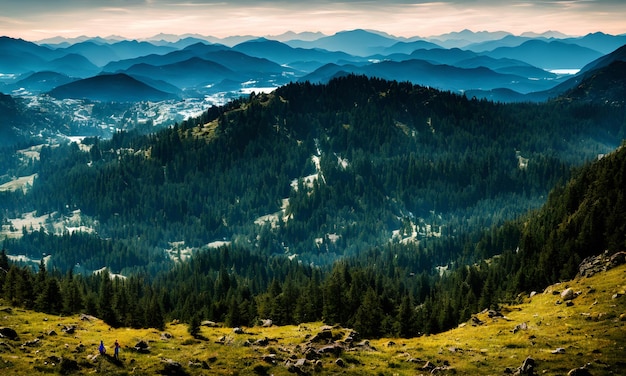 Bela foto de colinas gramadas cobertas de árvores perto de montanhas