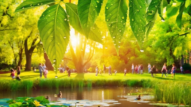 Bela foto de plantas verdes com gotas de água nas folhas no parque em um dia ensolarado