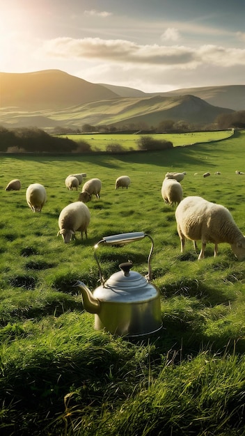 Bela foto de um campo verde com uma chaleira pastando a grama e belas colinas