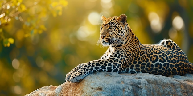 bela foto de um leopardo africano descansando na rocha com um fundo desfocado