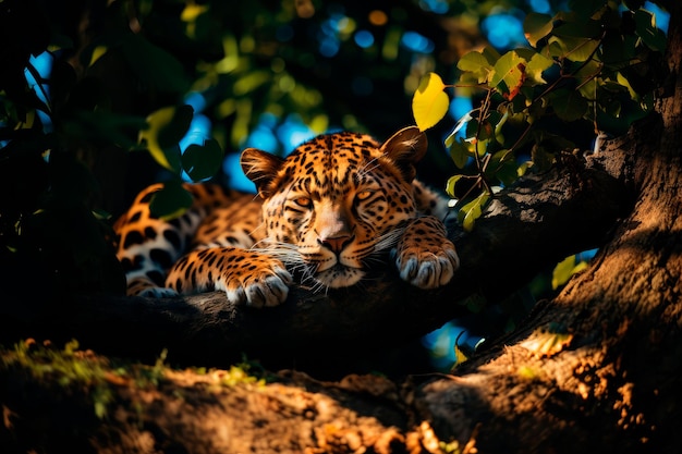 bela foto de um leopardo preguiçoso descansando na árvore com um fundo desfocado na floresta