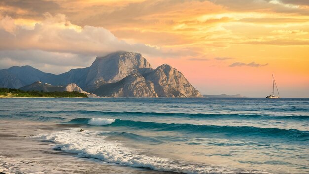 Bela foto de um mar e a montanha rochosa à distância com nuvens no céu