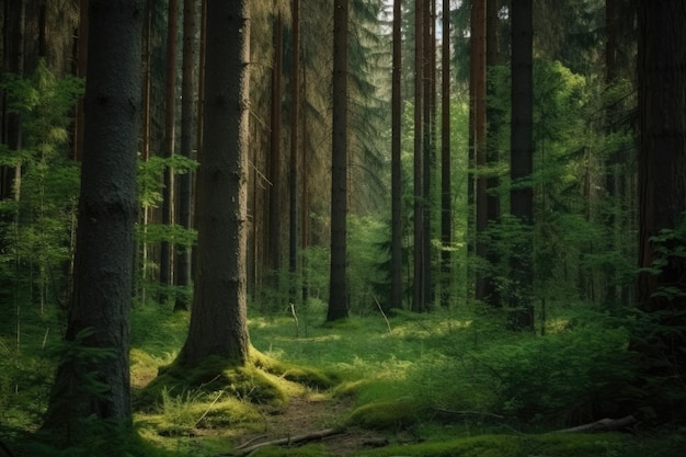 Bela foto de uma floresta com árvores verdes altas generativas ai