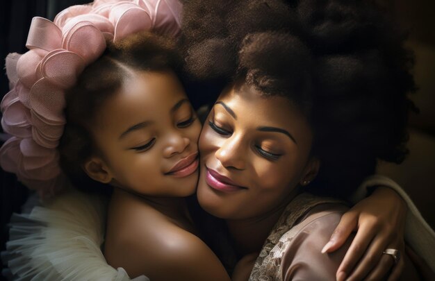 Foto bela foto de uma mãe e filha negras relaxando juntas em proximidade