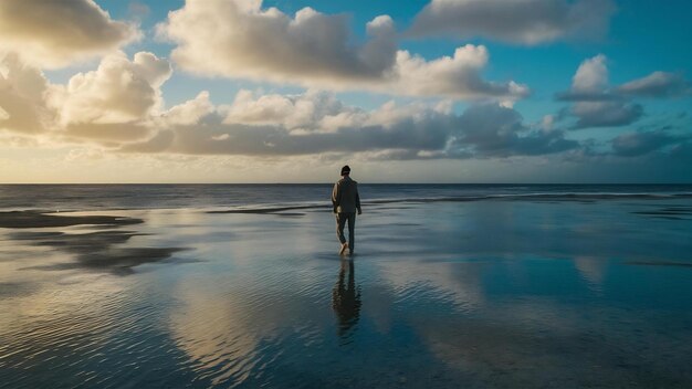 Bela foto de uma pessoa caminhando em uma terra dentro do oceano sob o céu nublado