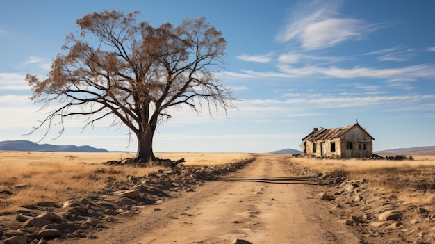 Bela foto de uma velha casa abandonada no meio de um deserto perto de uma árvore morta e sem folhas