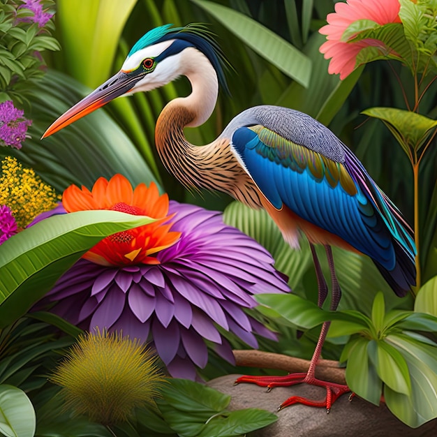 Bela garça realista em 3D em selva exótica cheia de folhas tropicais e grandes flores