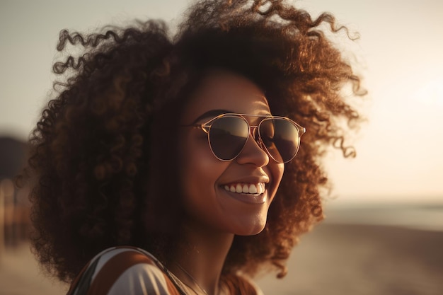 Bela garota africana alegre com cabelos encaracolados e óculos de sol na praia em estilo CloseUp