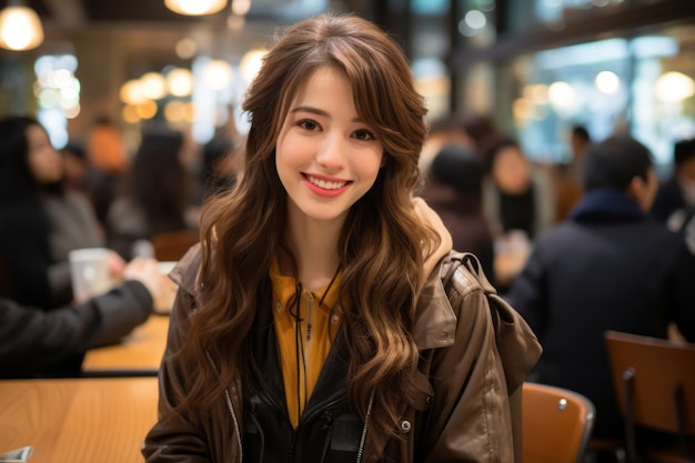 bela garota asiática sorrindo para a câmera em um café