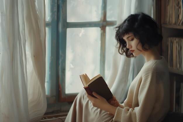 Bela garota caucasiana lendo um livro dentro de casa.