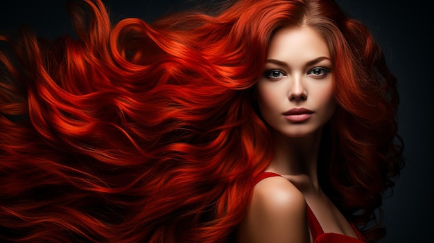 Bela garota com cabelos vermelhos muito longos, bem cuidados e lisos, desenvolve um anúncio para cabeleireiro.