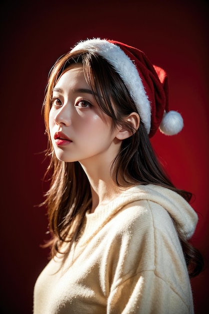 Bela garota com roupas de Papai Noel sobre fundo de Natal