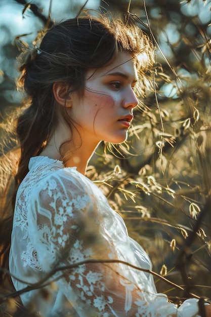 Bela garota com um vestido de renda branca na floresta da primavera