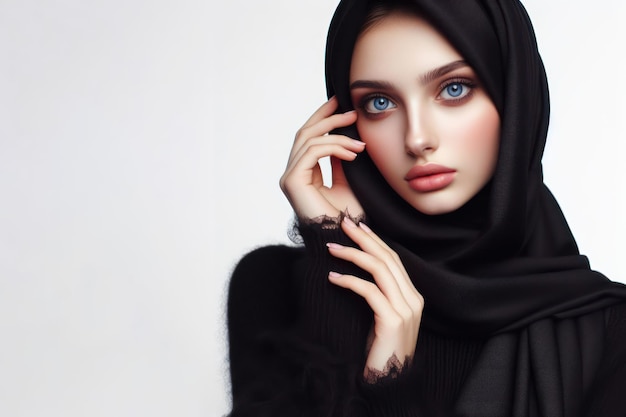 Foto bela garota de hijab preto só seus olhos são visíveis em um fundo branco